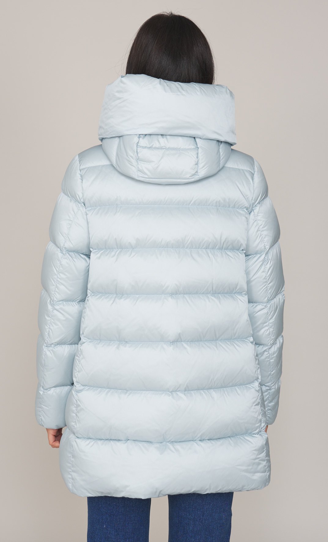 PIUMINO LUNGO ADD SVASATO CON COLLO CAPPUCCIO AVVOLGENTE, Colore Celeste