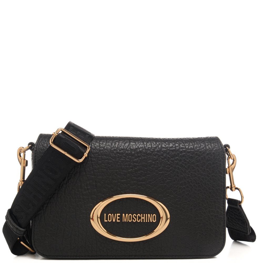 Moschino borsa a tracolla da donna in pelle bottalata con dettaglio ovale con logo lettering sul davanti nera