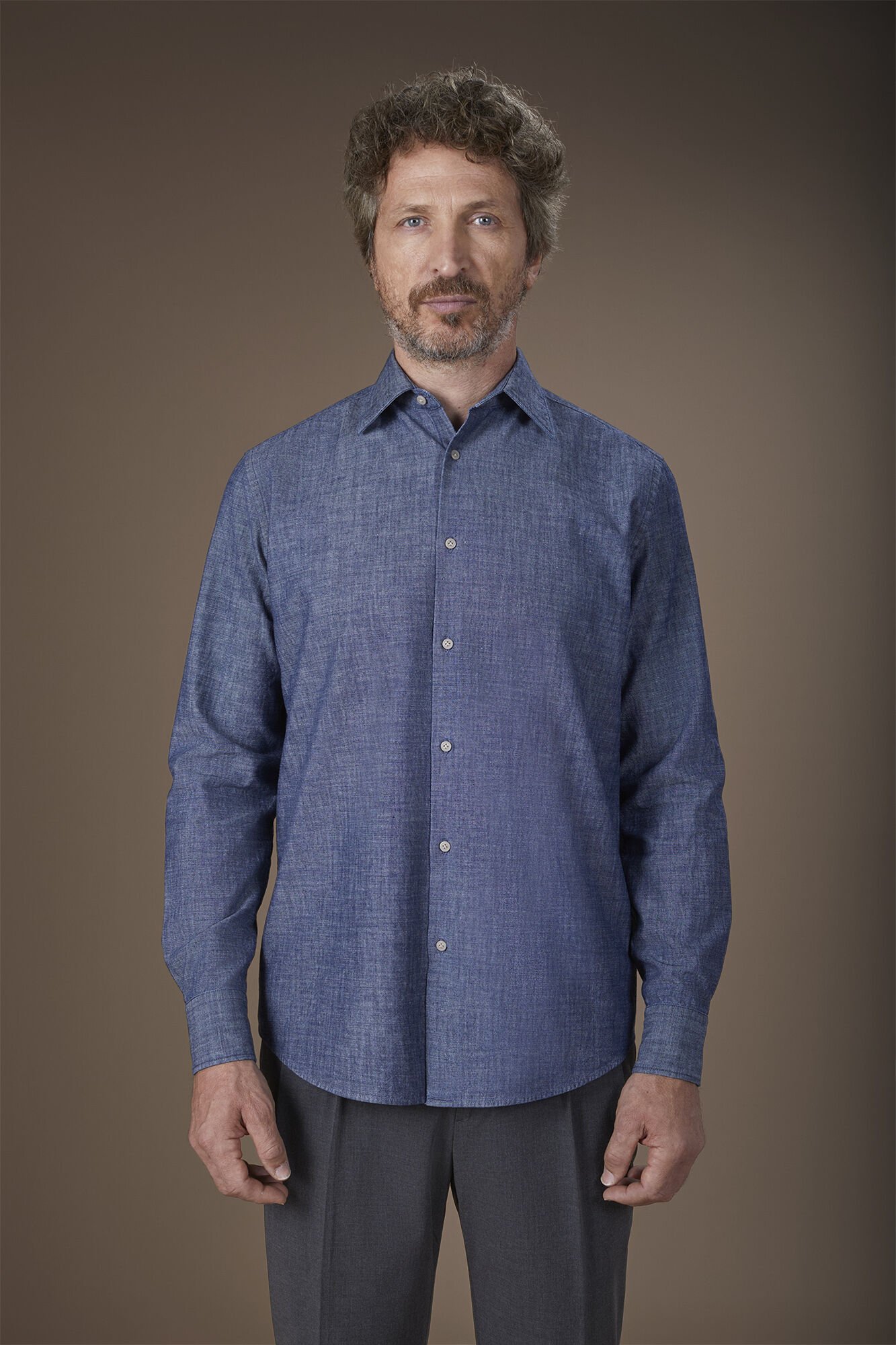 Doppelganger Camicia uomo casual in tessuto 100% cotone chambray lavato