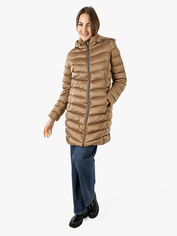 Geox Zosma Giubbotto Lungo Da Donna Con Cappuccio e Zip - Sabbia Giacconi Marrone Taglia 42