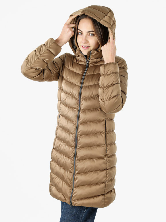 Geox Zosma Giubbotto Lungo Da Donna Con Cappuccio e Zip - Sabbia Giacconi Marrone Taglia 42