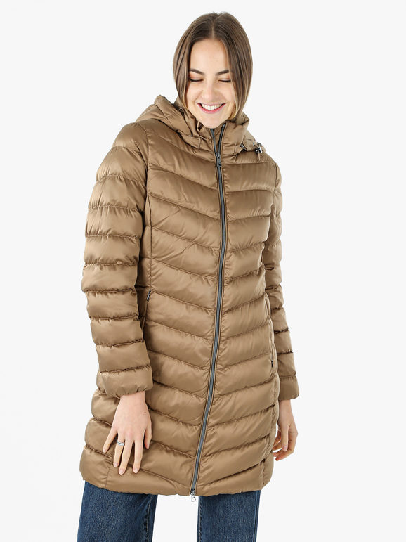 Geox Zosma Giubbotto Lungo Da Donna Con Cappuccio e Zip - Sabbia Giacconi Marrone Taglia 42