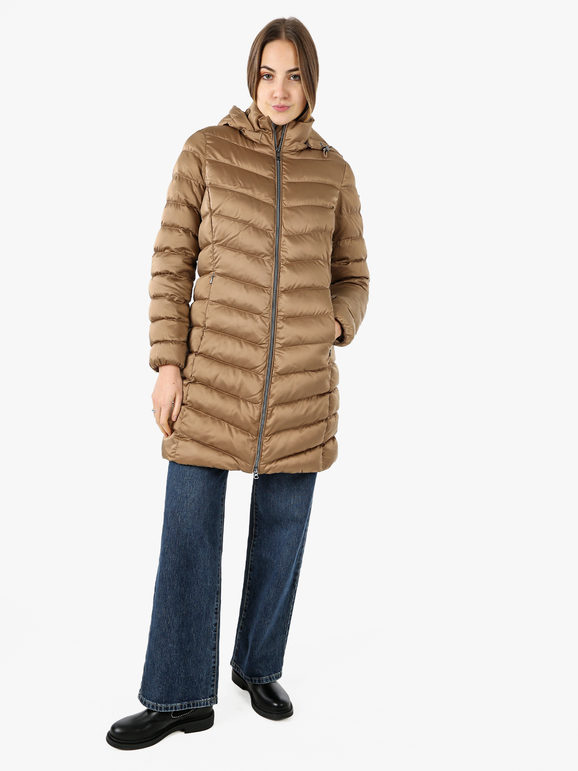 Geox Zosma Giubbotto Lungo Da Donna Con Cappuccio e Zip - Sabbia Giacconi Marrone Taglia 42