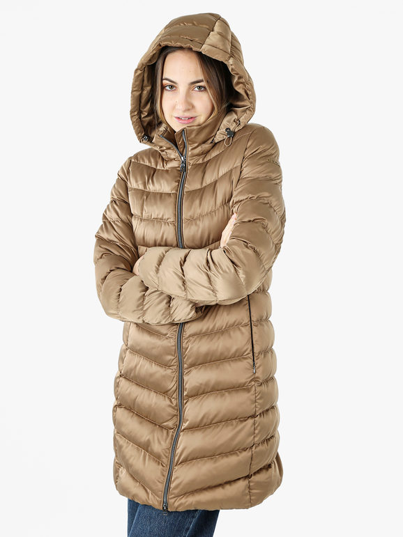 Geox Zosma Giubbotto Lungo Da Donna Con Cappuccio e Zip - Sabbia Giacconi Marrone Taglia 42