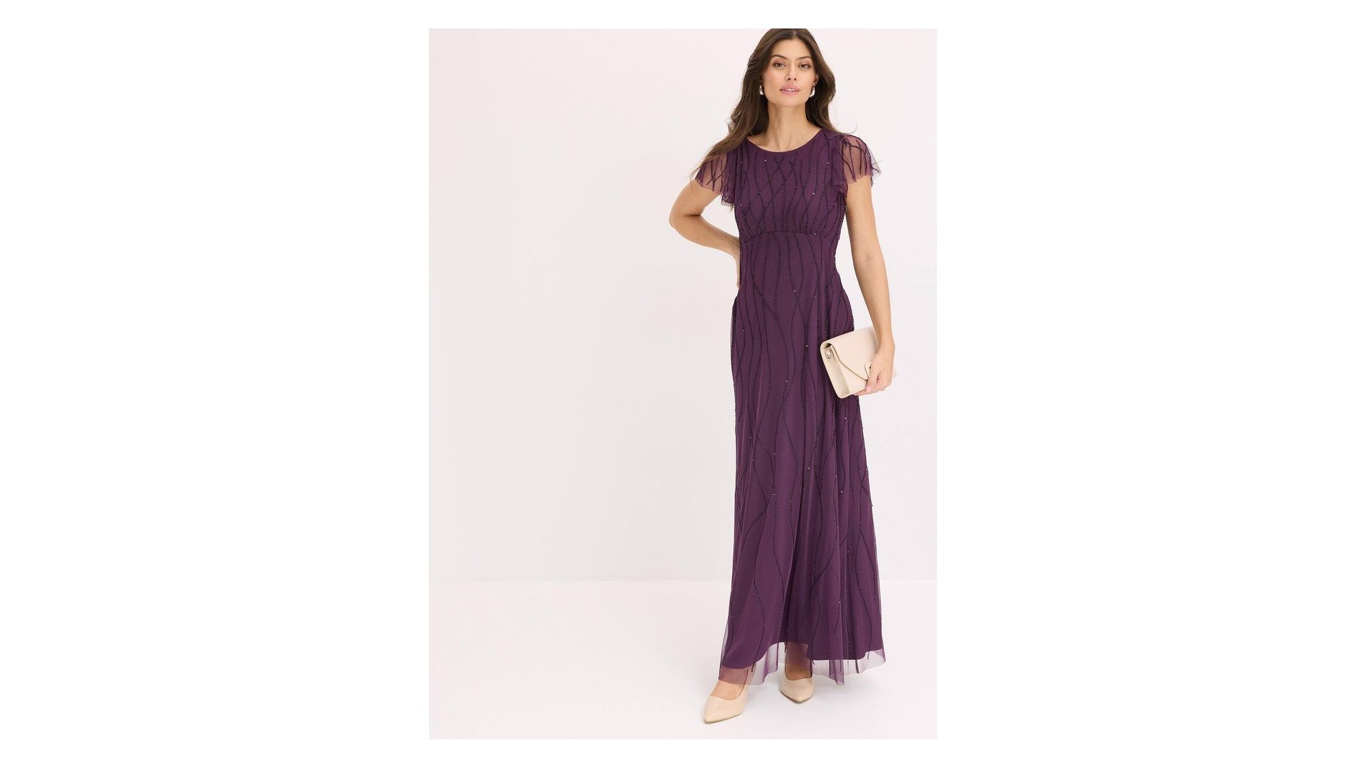 bonprix Abito lungo in tulle delicato con ricamo e perline, viola
