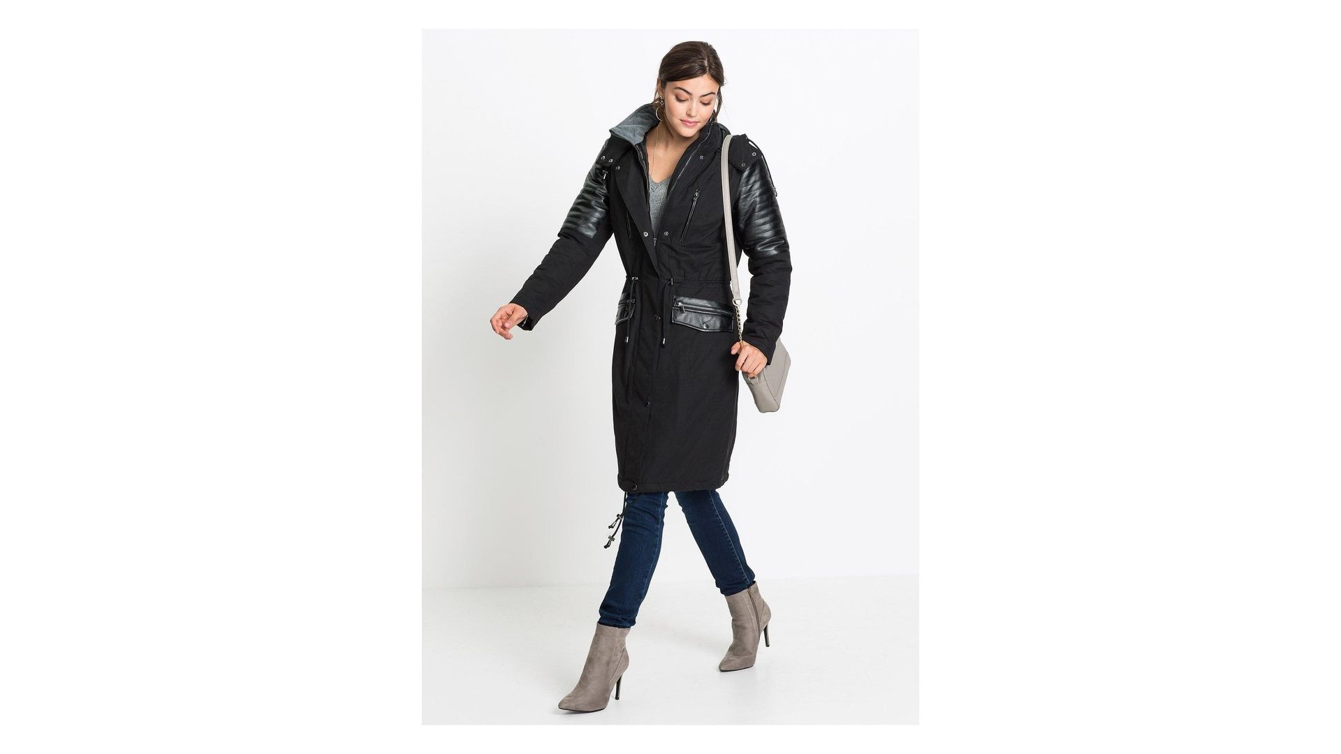 bonprix Parka lungo con similpelle, Nero, similpelle