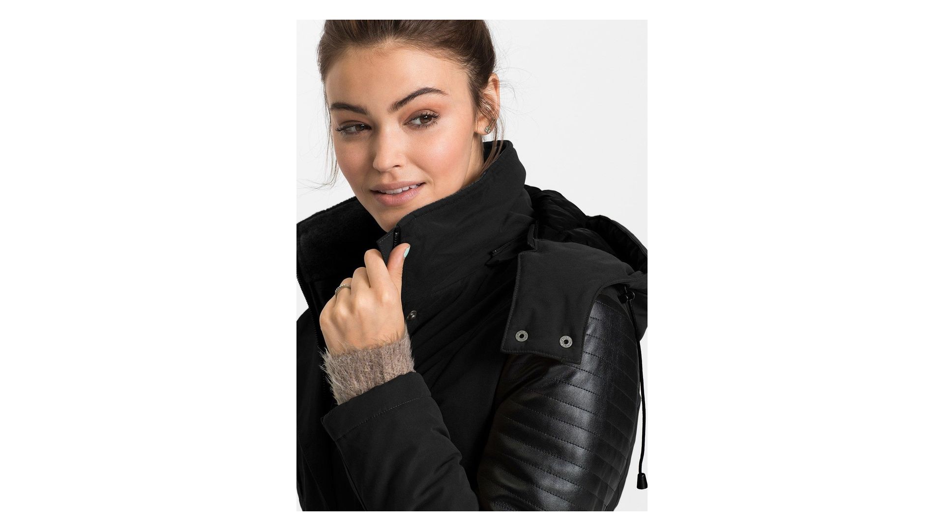 bonprix Parka lungo con similpelle, Nero, similpelle