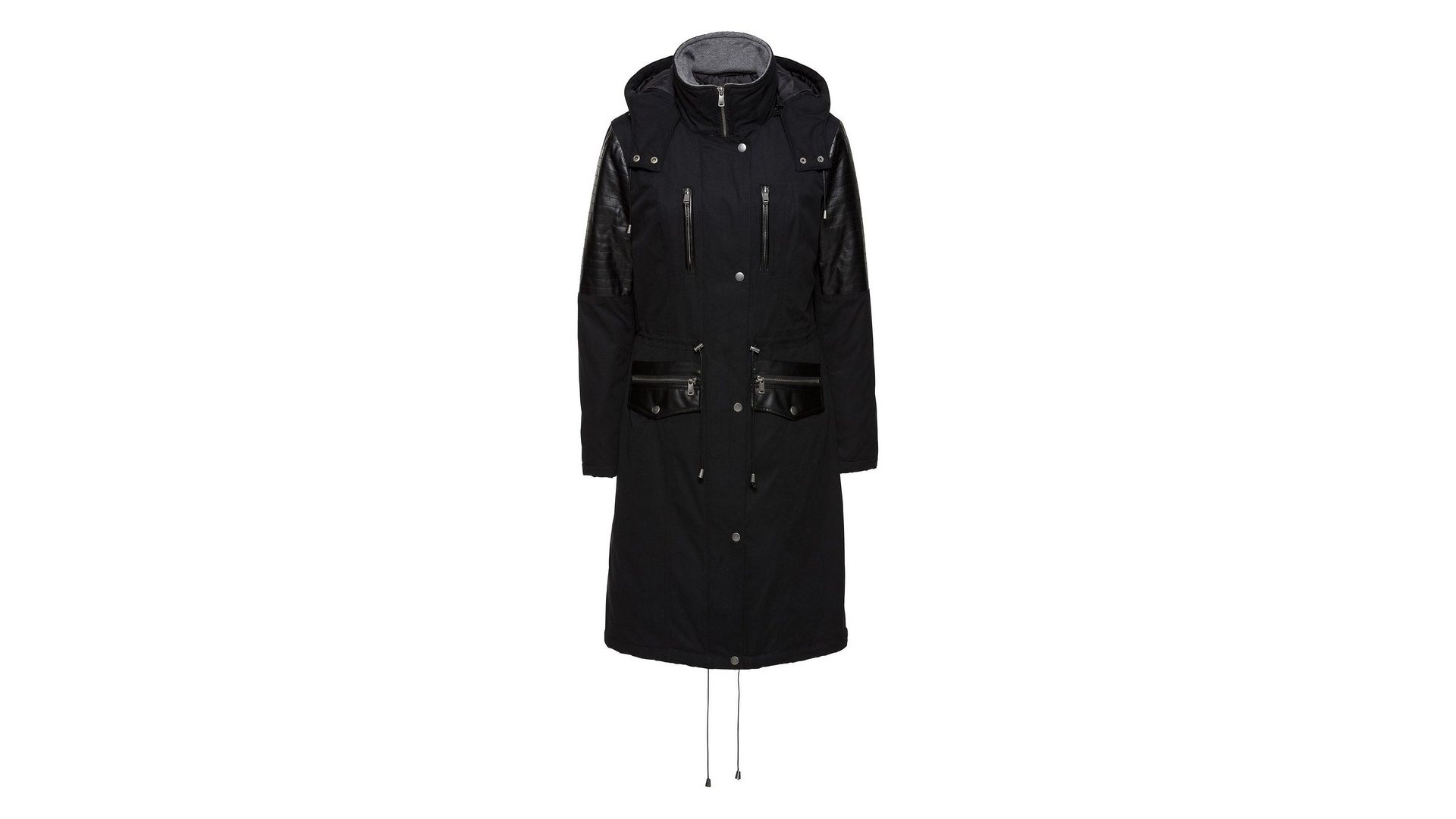 bonprix Parka lungo con similpelle, Nero, similpelle