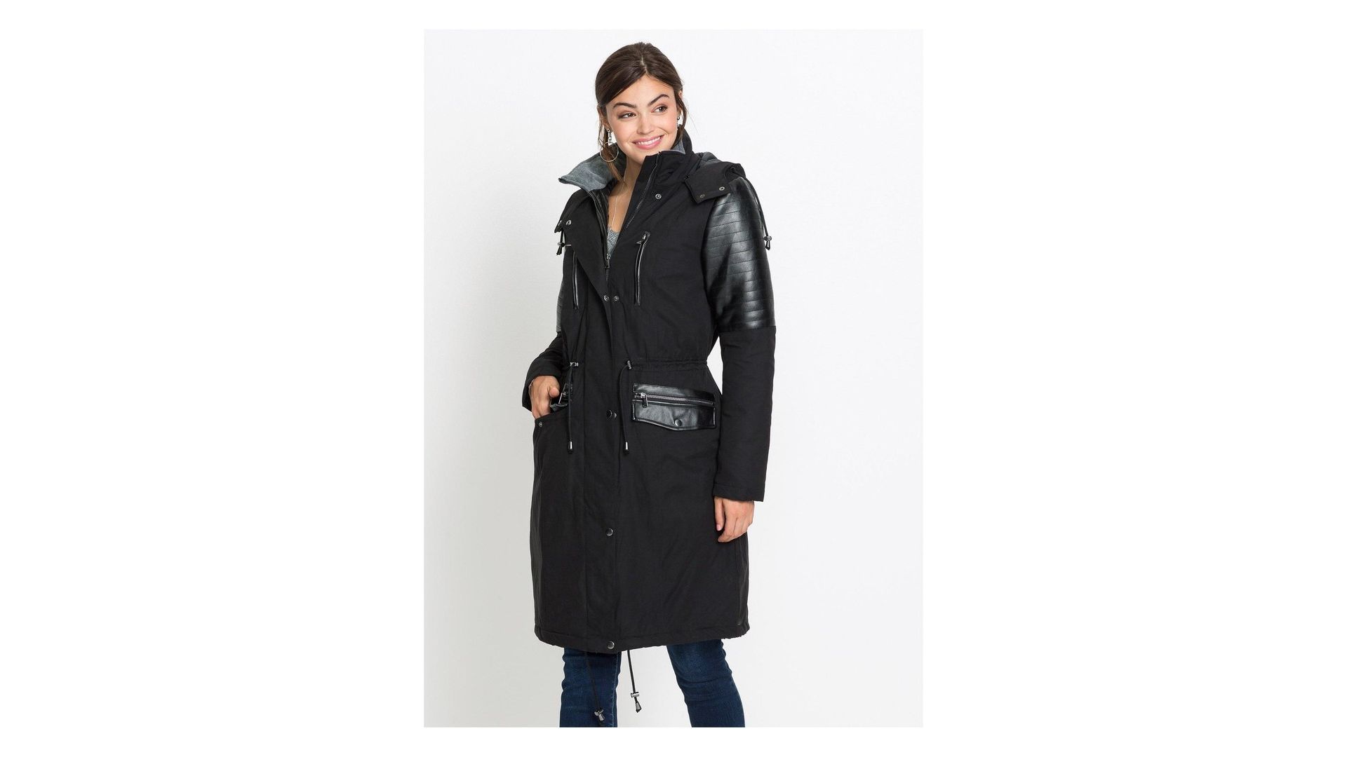 bonprix Parka lungo con similpelle, Nero, similpelle