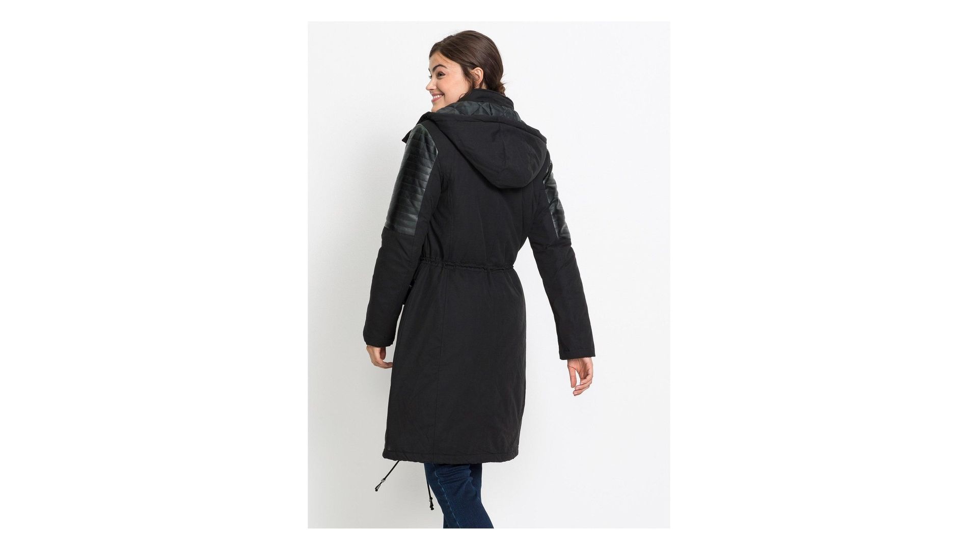 bonprix Parka lungo con similpelle, Nero, similpelle