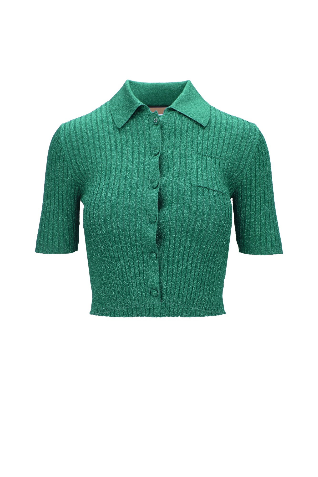 GUCCI 775479 3180 Cropped Polo-XS Verde Metallizzato Viscosa, Fibra Metallizzata, Poliammide, Elastan