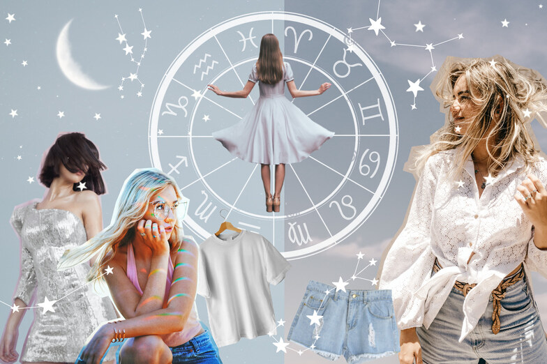 collage che rappresenta la ruota dei segni zodiacali, le stelle, la luna e 3 donne con idee di look