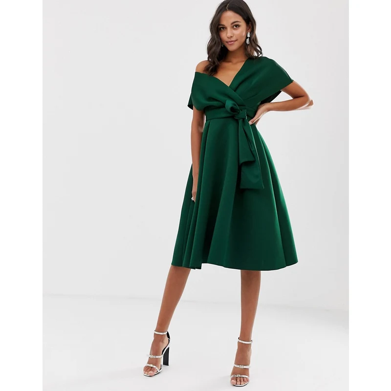 ASOS DESIGN Vestito da cerimonia midi verde bottiglia con spalle scivolate e allacciatura in vita