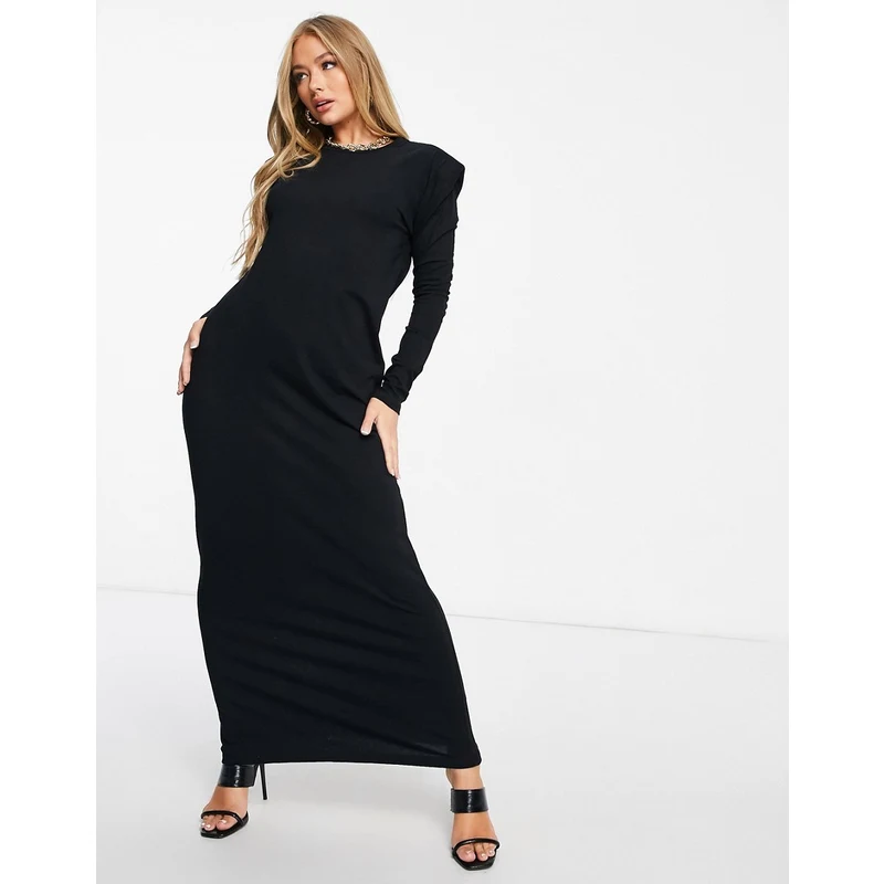 ASOS DESIGN Vestito lungo a maniche lunghe nero con spalle