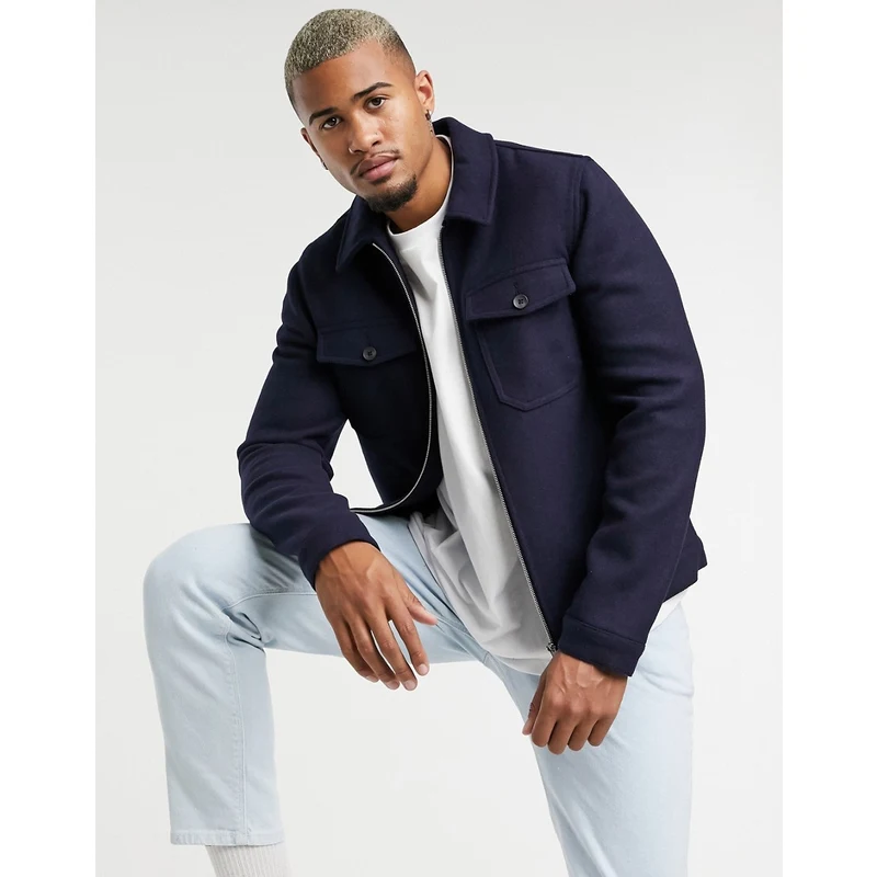 ASOS DESIGN Camicia giacca Harrington in misto lana blu Uomo