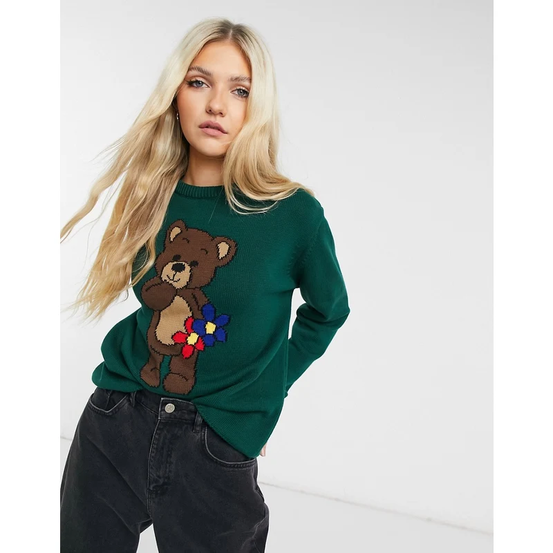 CIDER Maglioni autunnali da donna a maniche lunghe maglioni carini orso grafica girocollo morbido maglia casual pullover corto, Colore: marrone., L