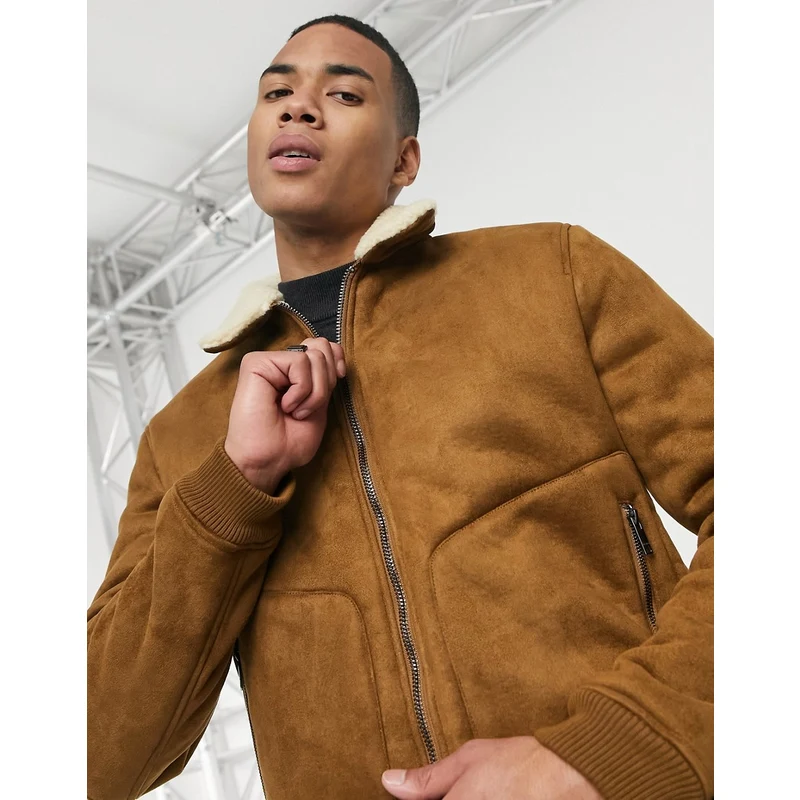 Pull&Bear Giacca in camoscio sintetico color cuoio con colletto in pile  Uomo