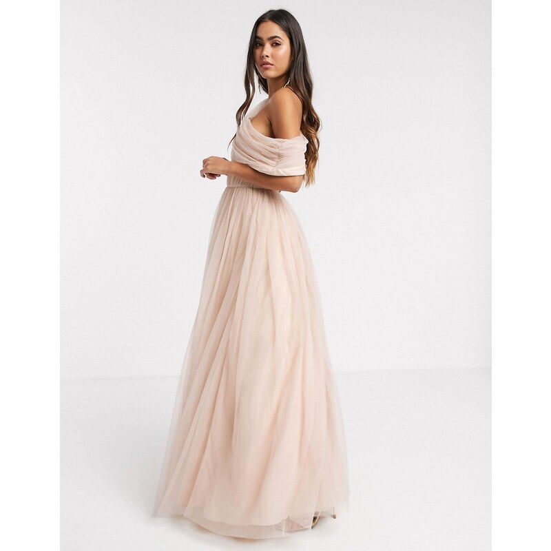ASOS DESIGN Vestito lungo in tulle con spalle scivolate color