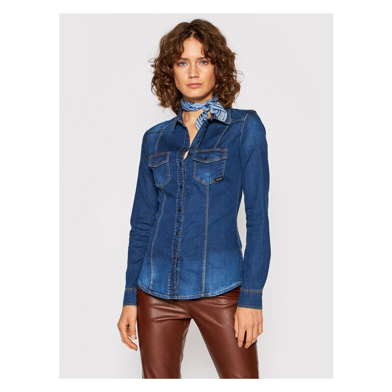 Guess camicia di jeans Lalima W1YH11 D4FZ1 Blu scuro Slim Fit. Donna 