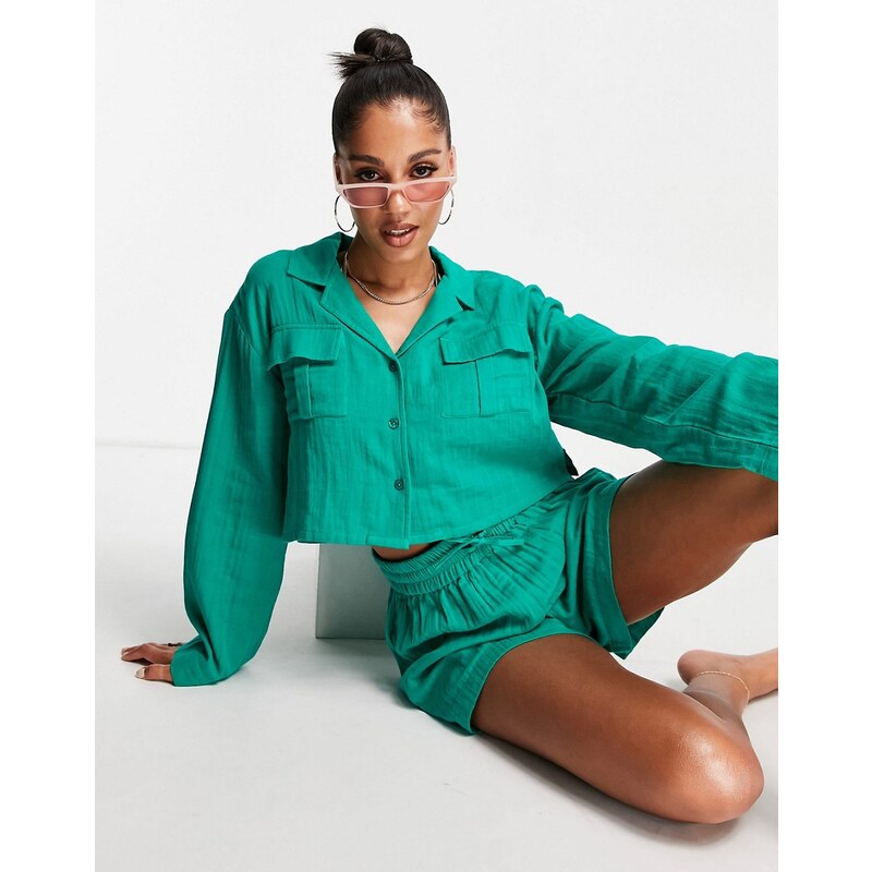 ASOS DESIGN - Camicia da mare oversize con tasche verde smeraldo in garza doppiata in coordinato
