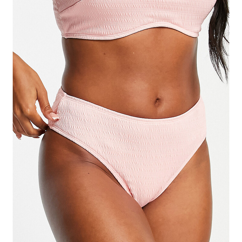 Ivory Rose Taglie Comode - Slip bikini a vita alta mix and match rosa cipria sgambati in tessuto stropicciato