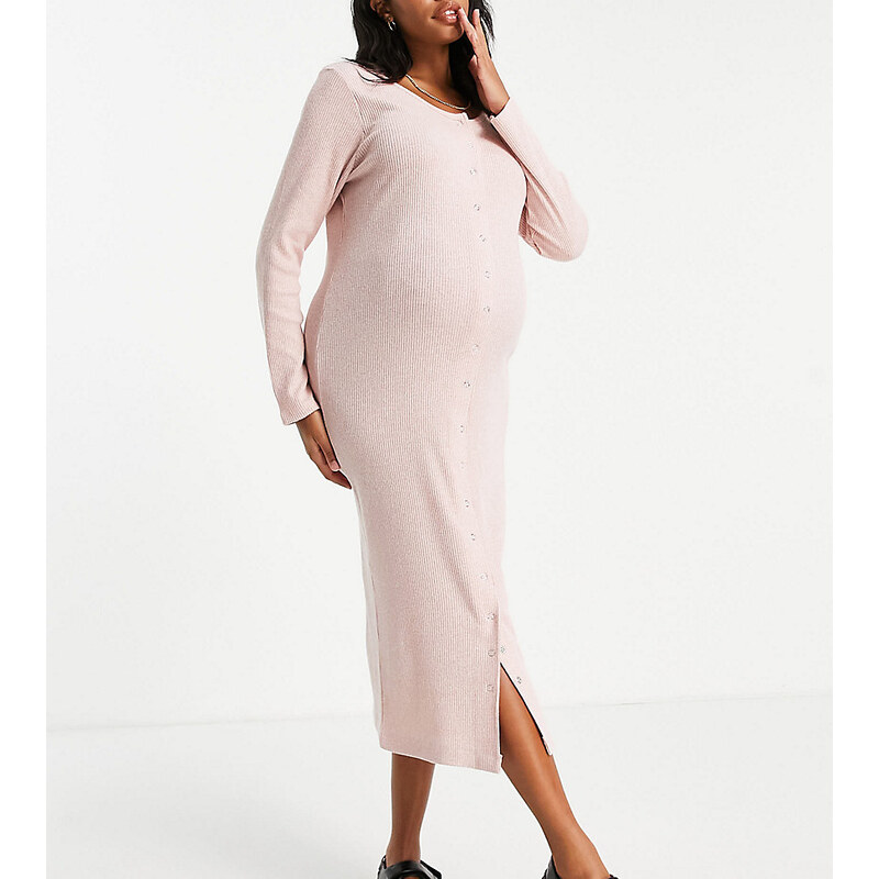 River Island Maternity - Vestito midi in jersey a coste con bottoni a pressione sul davanti, colore rosa mélange