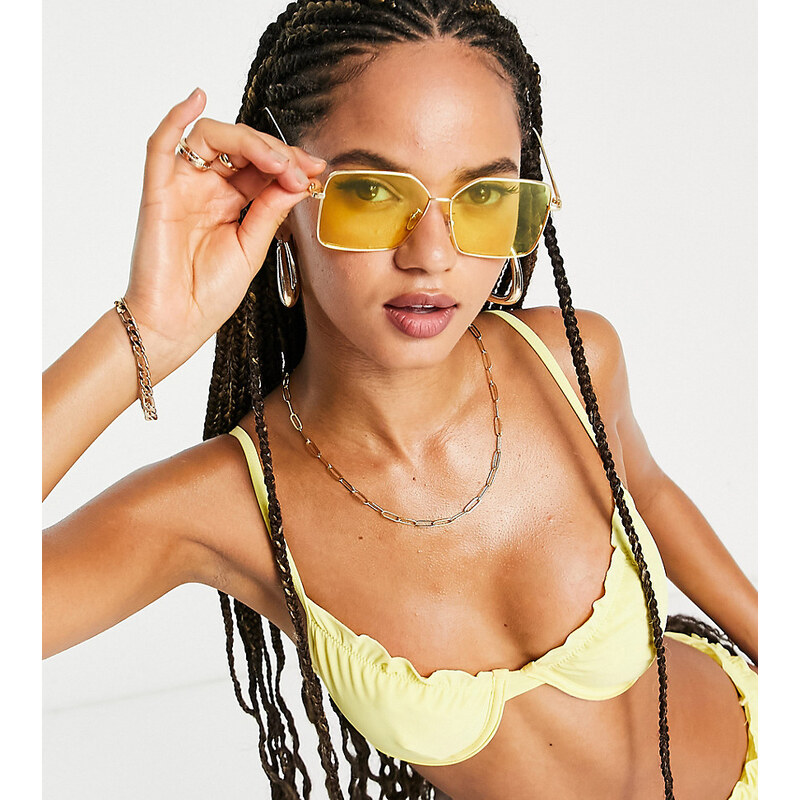 Missguided - Top bikini con ferretto giallo a coste con fondo ondulato