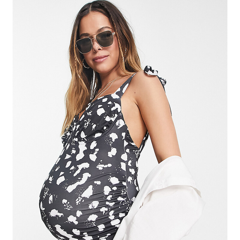 ASOS Maternity ASOS DESIGN Maternity - Costume da bagno bianco e nero con stampa a pois con spalline allacciate e coppe arricciate-Multicolore