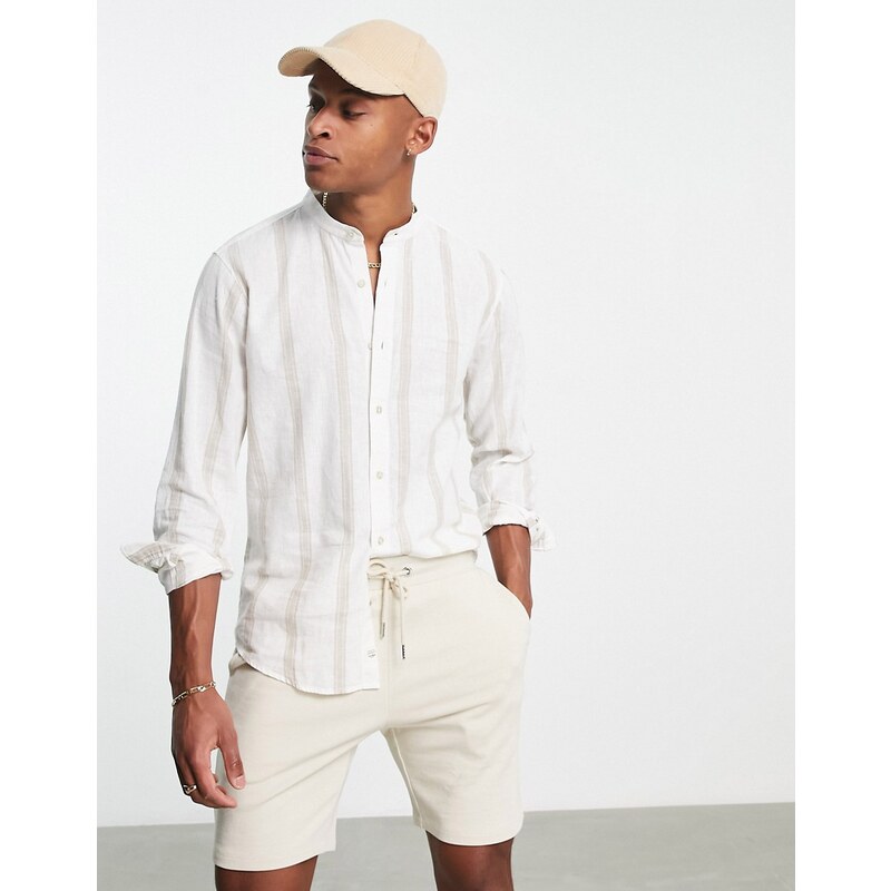 Pull&Bear - Camicia serafino in lino écru a righe a maniche lunghe-Bianco