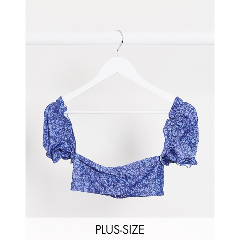 Playful Promises - Top bikini di jeans a fiori con maniche a sbuffo-Blu