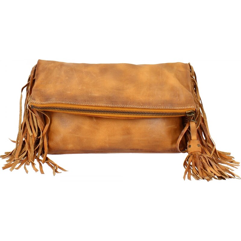 Borsa pochette Mjus con tracolla fatta a mano in pelle cammello con frange  22 CAMEL Marrone. Donna 