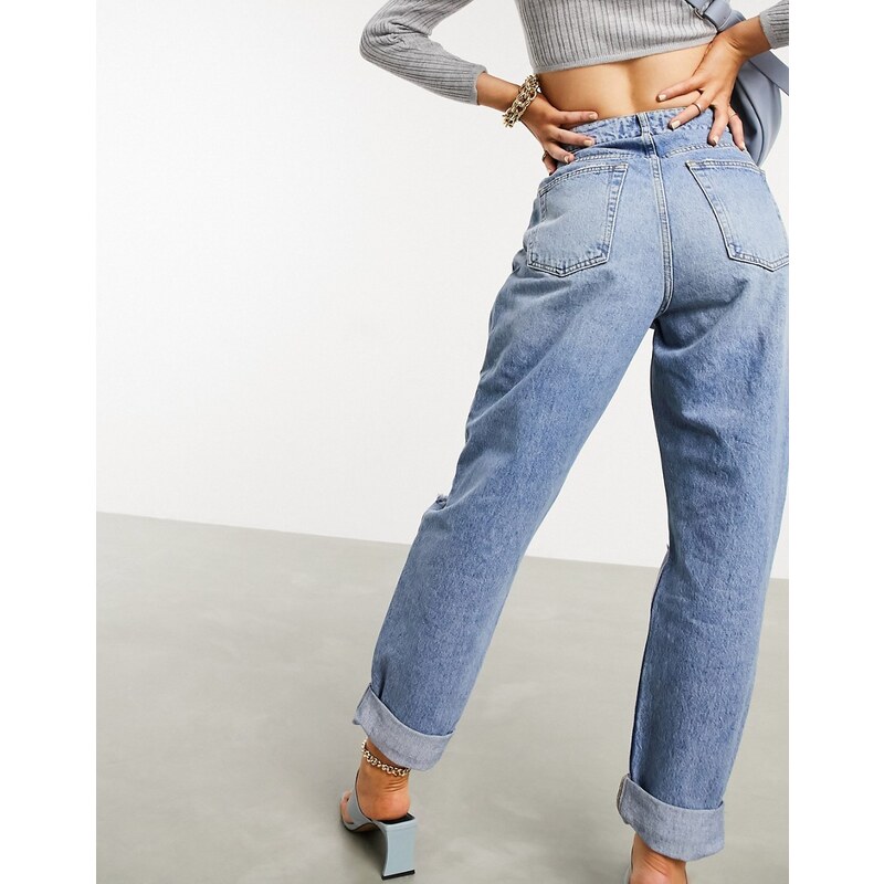 ASOS DESIGN - Mom jeans extra larghi a vita alta lavaggio medio con strappi-Blu