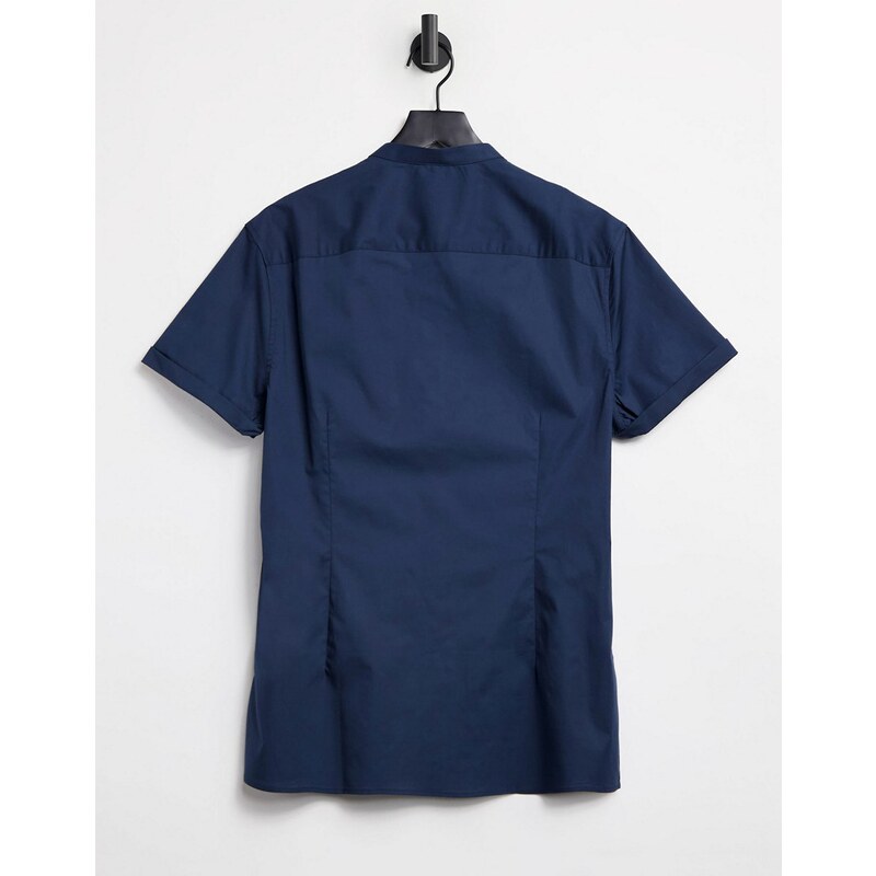 ASOS DESIGN - Camicia skinny stretch blu navy con collo serafino
