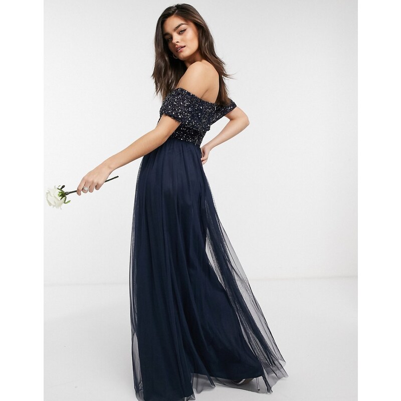 Maya Plus - Vestito lungo da damigella monospalla con strass verde salvia