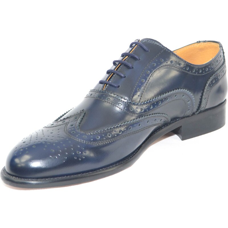 Malu Shoes Calzature uomo cerimonia elegante francesina stringata abrasivato blu fondo cuoio antiscivolo vera pelle made in italy