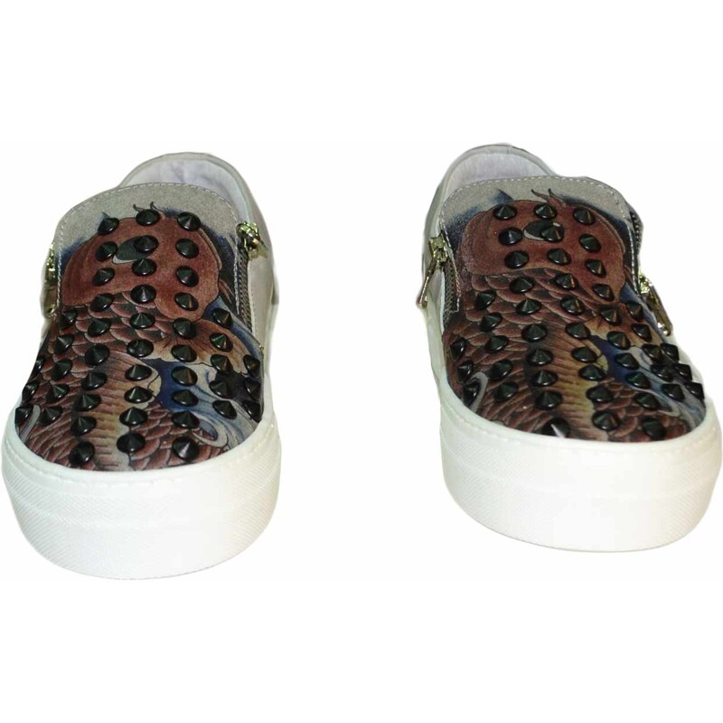 Malu Shoes Scarpe donna grigio borchie vera pelle artistico con zip laterali mocassino fondo alto made in italy