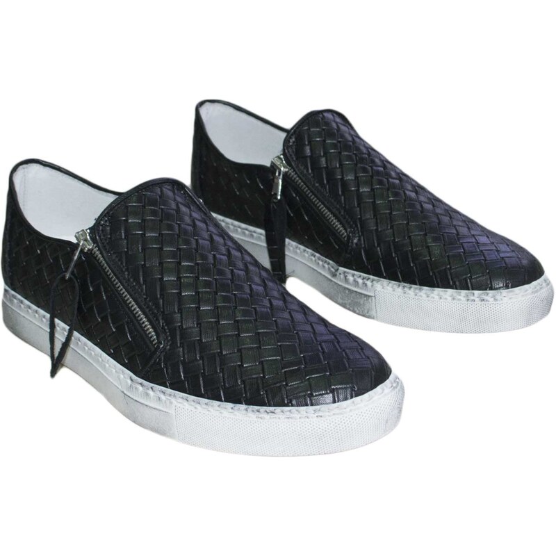 Malu Shoes scarpe uomo slip on sneakers bassa nero pelle intrecciata fondo bianco sporco zip