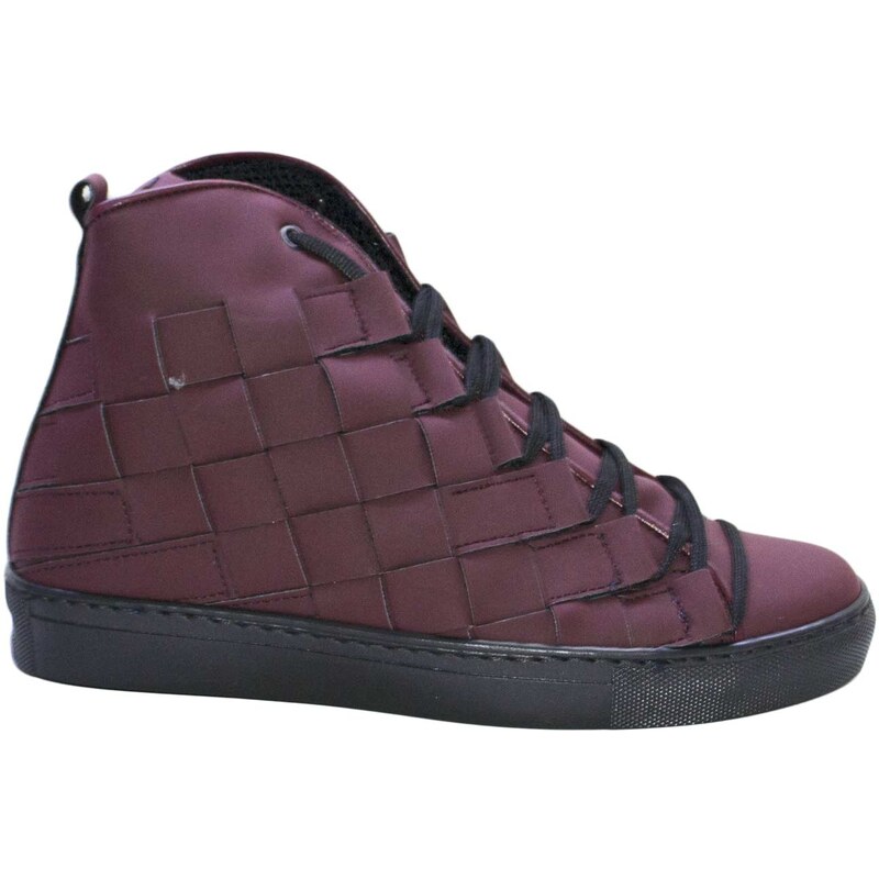 Malu Shoes Sneakers alta art 5055 pelle gommato bordeaux matto moda glamour intreccio a mano fondo antiscivolo