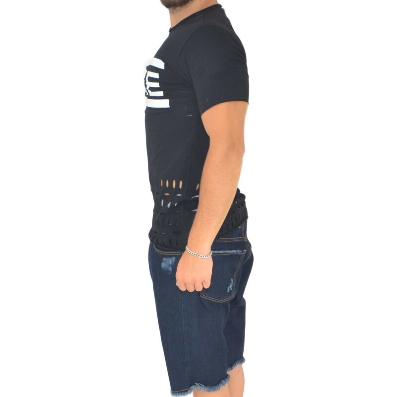 Malu Shoes T-shirt uomo nero basic con fori black e stampa fake slim fit estate moda giovanile