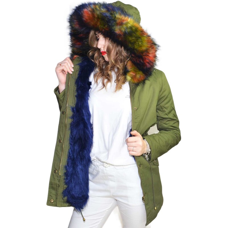 K-ZELL Parka donna verde invernale con pelliccia blu colorata giubbotto piumino lungo pelo extra volume imbottito caldo moda