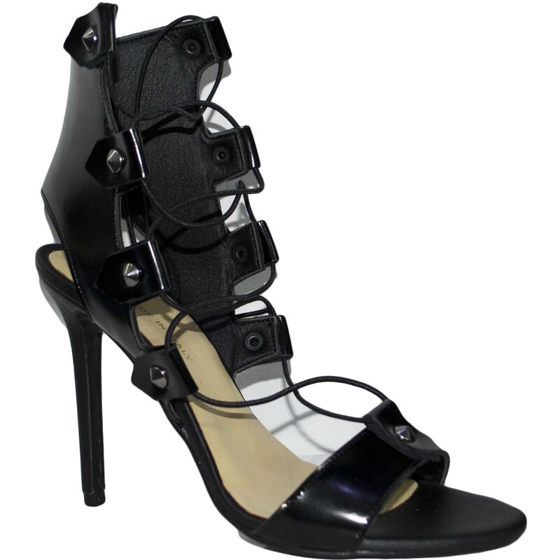 Malu Shoes Sandali tacco nero art.st9099 made in italy accessori borchie stringhe lacci pelle lucido moda comfort fondo antiscivolo