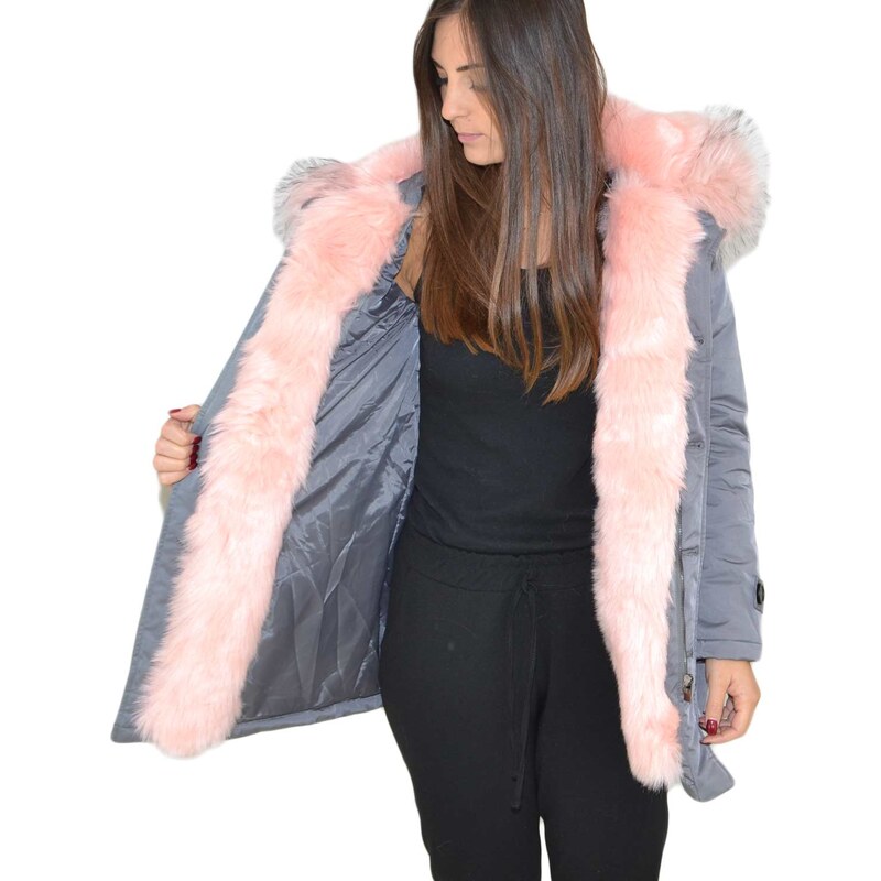 K-ZELL Parka donna invernale con pelliccia rosa eco giacca giubbotto piumino lungo grigio pelo extra volume imbottito caldo mod