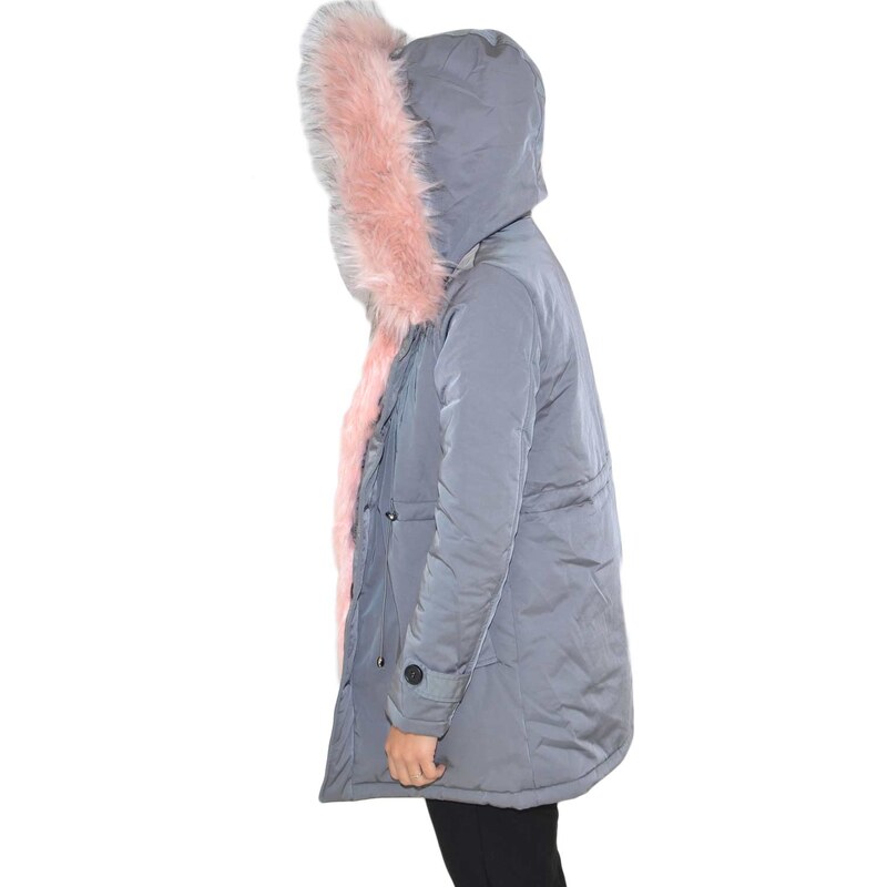 K-ZELL Parka donna invernale con pelliccia rosa eco giacca giubbotto piumino lungo grigio pelo extra volume imbottito caldo mod