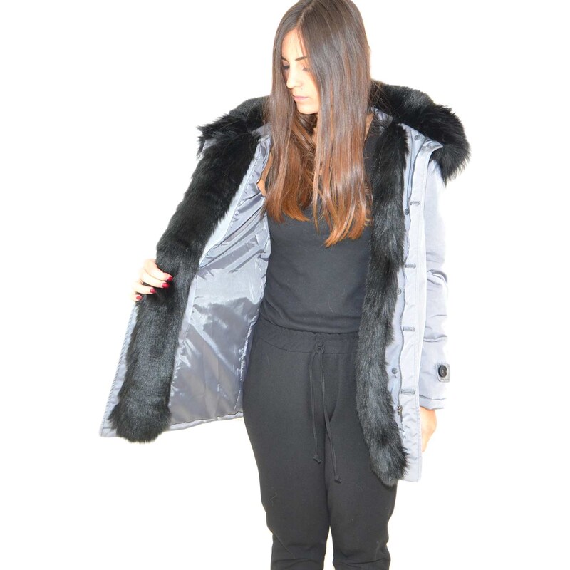 K-ZELL Parka donna invernale con pelliccia nero eco giacca giubbotto piumino lungo grigio pelo extra volume imbottito caldo mod