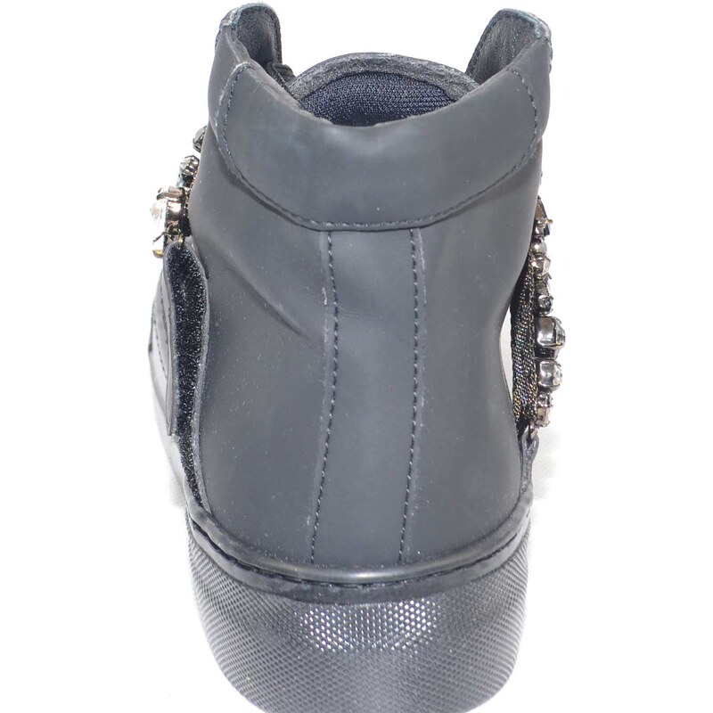 Malu Shoes Sneakers alta scarpe donna in vera pelle gommata nera e strappo con swarosky