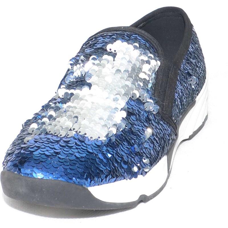 Malu Shoes Sneakers bassa in paillettes argento e blu rivoltabili con fondo plat bicolore