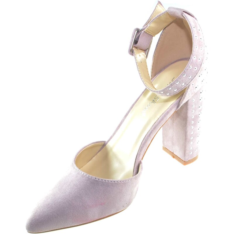 Malu Shoes Decollete' aperto scarpe donna a punta in camoscio rosa con tacco rotondo borchiato e cinturino alla caviglia moda