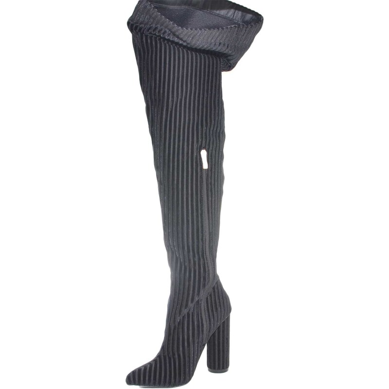 Malu Shoes Stivale alto nero sopra ginocchio a punta rigato in velluto nero tacco largo super glamour