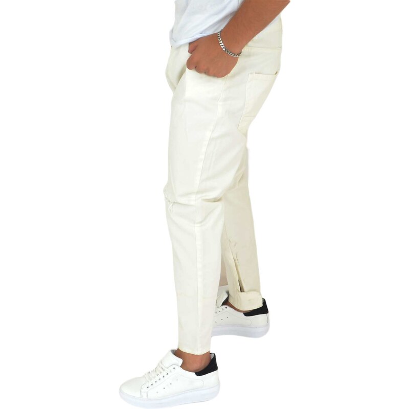 Malu Shoes Pantaloni Jeans beige uomo art 03945 denim biker chiusura con bottone e cerniera. Cinque tasche. strappo moda c