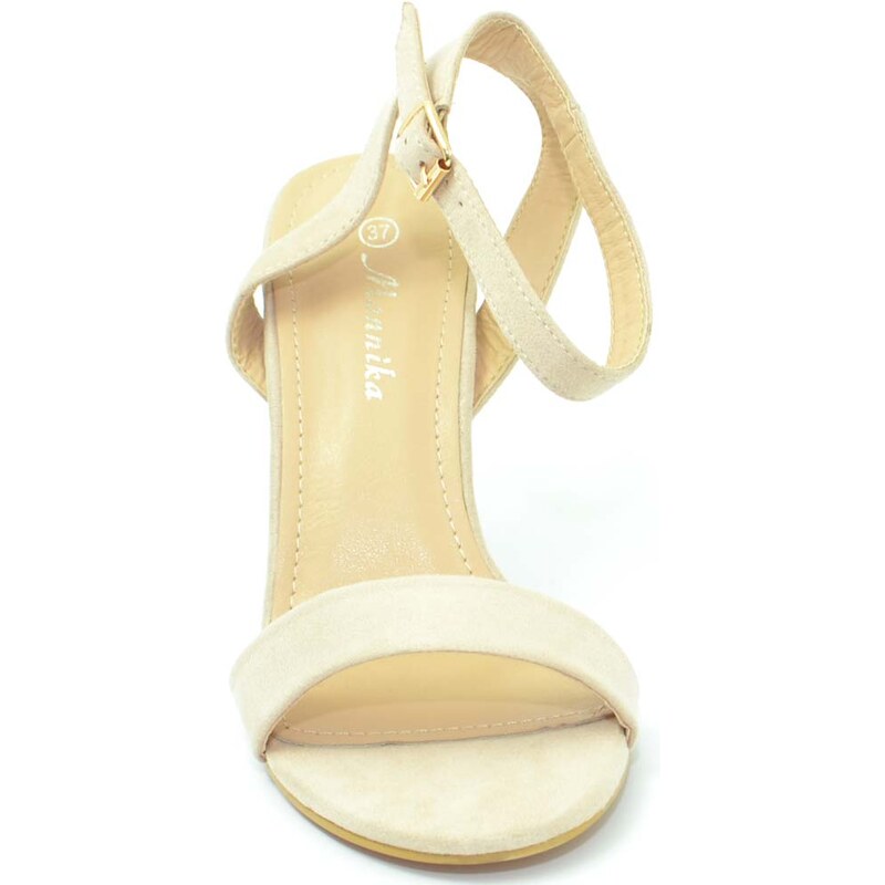 Malu shoes Sandalo donna beige scamsciato con fascetta sottile e cinturino incrociato alla caviglia comodo tacco cono moda anni 30